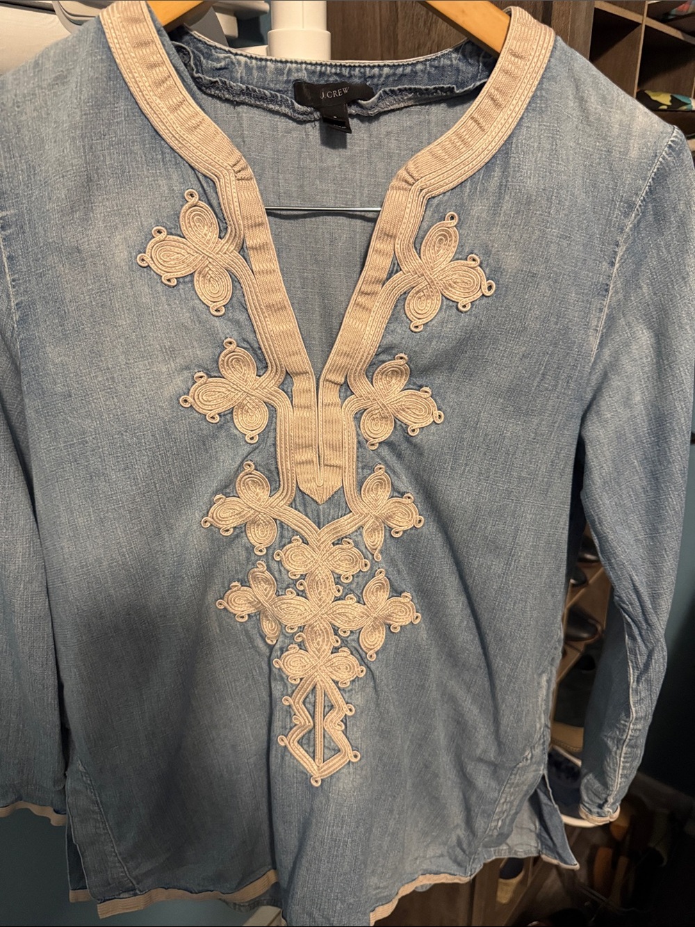 J. Crew Light Blue Denim Tunic with Cream Embroidery